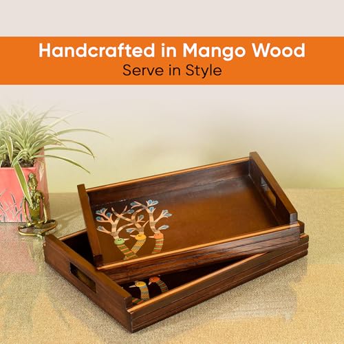 Image of AAKRITI ART CREATIONS Chirping Birds Handcrafted Serving Tray Set of 2 | Floral Art | Brown Wooden Tray Set | Glossy Finish Serving Trays | Tray for Dining Table & Kitchen