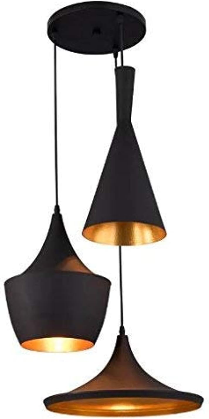 3-Light Industrial Finish Metal Shade Hanging Pendant Ceiling Lamp Fixture Tulip Cone Disc (Black)