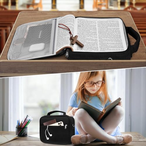 FINPAC Large Bible Cover w/Shoulder Strap, Carrying Book Case Church Bag Bible Protective w/Pen Slots and Zippered Pocket, Gift for Women Lady, Corduroy Black by FINPAC - Image 7