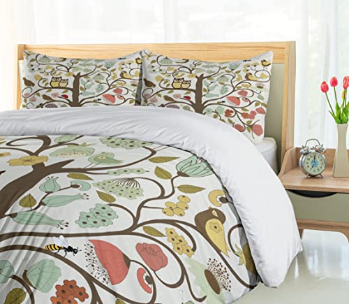 Ambesonne Animals Duvet Cover Set Of 2, Retro Style Tree Flowers Bugs And Bees Owl Birds Insects Vintage, Decorative 4 Pcs Bedding Set With 2 Pillow Shams, Twin Size, Green Eggshell #TOP3