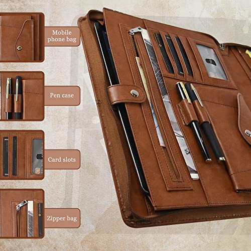 Calfinder Leather Portfolio Organizer For Men & Women, Leather Portfolio Folder With Handle For Ipad/Macbook (Up To 13.3"), With Notepad, Phone Pocket And Card Slot, Brown #TOP1