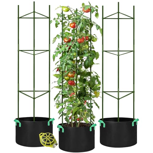 GROWNEER 3 Packs Tomato Cages with 10 Gallon Grow Bags,...