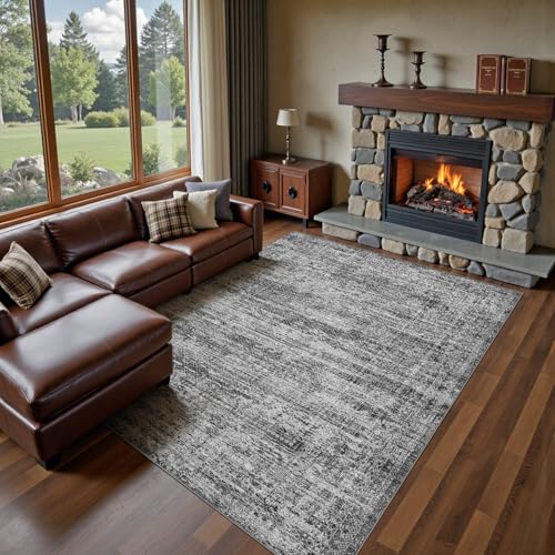 7x9 Area Rug Living Room Rugs - Washable Neutral Modern Abstract Soft Thin Rug Indoor Floor No Slip Rug Carpet for Bedroom Under Dining Table Home Office Decor - Dark Gray