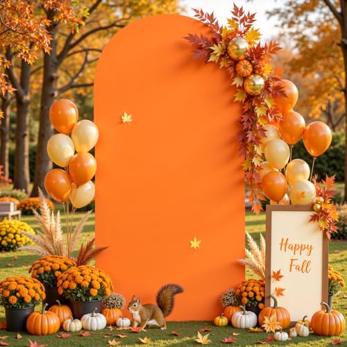 Image of 7.2FT Orange Arch Backdrop Cover, Spandex Fitted Wedding Arch Stand Covers Round Top Chiara Backdrop Cover for Thanksgiving Birthday Party Ceremony Banquet Decoration