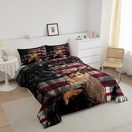 Manfei 3D Deer Comforter Set Twin Size American Flag Bedding Set 2Pcs For Kids Boys Teens Room Decor, Wildlife Animal Elk Print Quilt Set Stars And Stripes Duvet Insert With 1 Pillowcase #TOP1