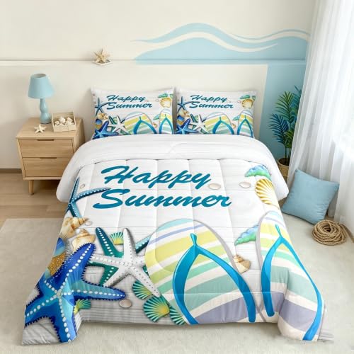Beach Comforter Set Twin Ocean Starfish Shell and Stripes Flip Flops Bedding Set Romantic Hawaii Holiday Quilted Duvet for Kids Teens Adult,White Rustic Farmhouse Wooden Board Duvet Insert 2pcs