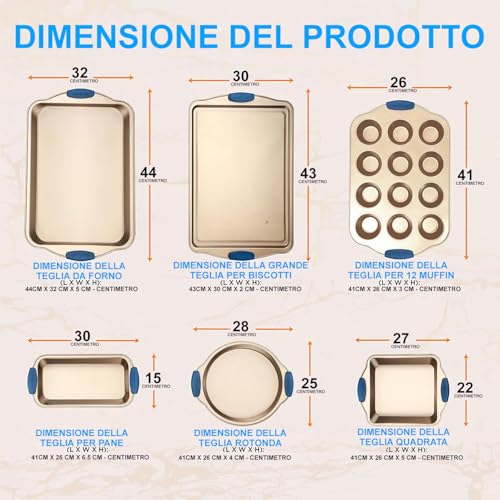 NutriChef Set 6 Teglie da Forno Antiaderente, Acciaio al Carbonio con Manici in Silicone, Stampo per Pane, Stampo per Muffin/Cupcake, Padelle da Arrosto Rotonde e Quadrate, Foglio per Biscotti - immagine 3