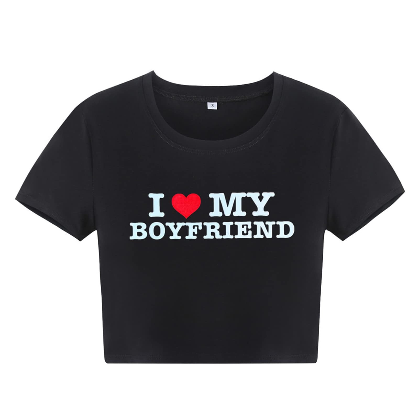 CazifferCouple Short Sleeved T-Shirt Spring Summer Women Mini Crop Tops O Neck Letter Heart Print I Love My Girlfriend Boyfriend Men T-Shirt