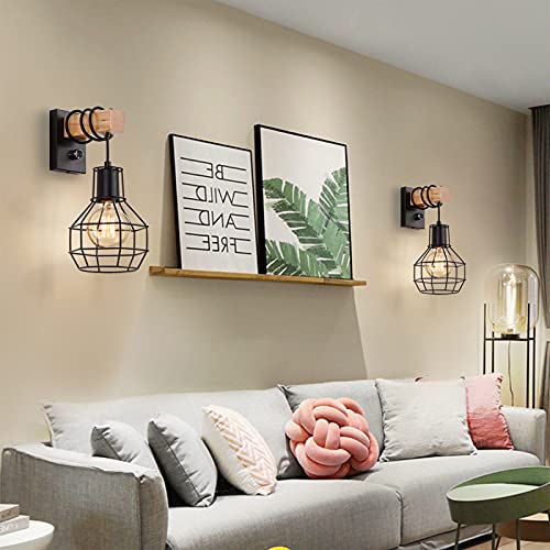 Glighone Wandleuchte Innen Vintage Dimmbar Wandlampe mit Schalter Schwarz Industrial Wandlampe Retro aus Metall und Holz E27 für Treppenhaus Flur Cafe Bar Restaurant Wohnzimmer (Ohne Leuchtmittel)