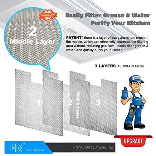 Upgraded W10169961A Range Hood Filter Replacement, Compatible With Whirlpool, 3-Layer Aluminum Mesh Vent Filter 10.5X12Inch, Huare Aluminum Range Hood Grease Filters,2Pcs, (With 1 Compressed Scrubber) #TOP3