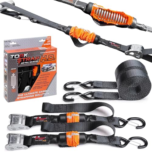 TorkStrap 14' x 1.5'' Self Tensioning Tie Down Straps [Patented] - Automatically Adapt to Load Shifts - 2,250LB Break Strength - Pull Alternative to Ratchet Straps - Integrated Soft Loop & Hook (2-PK)