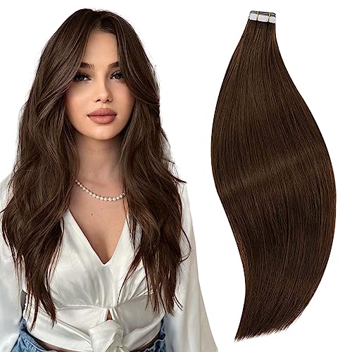 RUNATURE 30 Inch Tape in Hair Extensions Human Hair Brown Tape Hair Extensions Real Human Hair Invisible Tapes Remy Straight Dark Brown Hair Double Sided Tabs 20pcs 50g #4