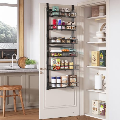 UMDONX 6-Tier Over Door Spice Rack, Pantry Door Organization and Storage Hanging Door Storage Kitchen Metal Hanging Kitchen Spice Rack Can Organizer Black