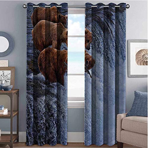 Wildlife Decor Blackout Curtains with Grommets darken Grizzly Bears Fishing in River Waterfalls