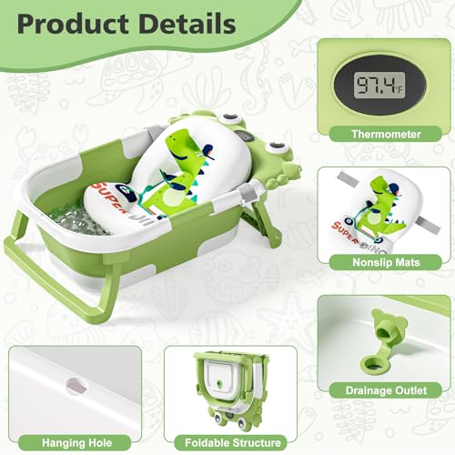 Image of Collapsible Baby Bathtub for Newborns with Thermometer and Soft Floating Cushion Portable and Foldable Travel Baby Boy Bath Tub for Infants to Toddler 0-36 Month (Green)