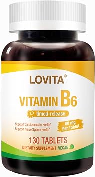 LOVITA Vitamin B6 Pyridoxine Hydrochloride 80mg, Timed Release, 8 Hours Sustained, Support Cardiovascular & Nerve Health, 130 Vegan Tablet