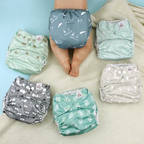 Image of Mama Koala 3.0 Pocket Cloth Diapers for Babies with AWJ Lining, 6 Pack with 6 5-Layer Natural Cloth Diaper Inserts - Reusable and Washable Pocket Diapers(A-The Gray Sky)