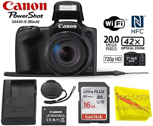 Canon PowerShot SX420 Digital Camera w/42x Optical Zoom - Wi-Fi & NFC Enabled (Black) - Shocked Essential Value Bundle