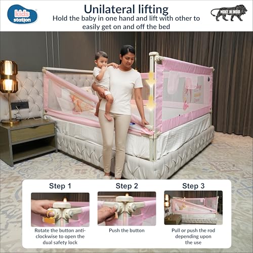 Image of Kids Station Baby Bed Rail Guard for Toddlers Safety - Easy to Fold - Portable and Adjustable Height - Baby Safety Essential - 6.6ftx6ft or 200x180cm (2 Sides, Pink, with Pocket)