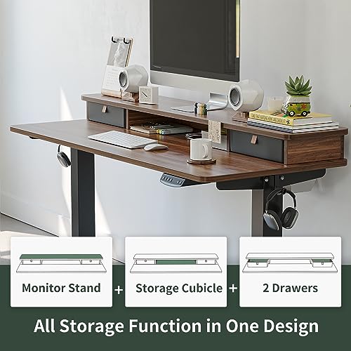Image of FEZIBO 60 x 24 Inch Height Adjustable Electric Standing Desk with Double Drawer, Stand Up Desk with Storage Shelf, Sit Stand Desk, Blcak Walnut