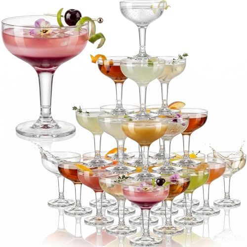 Zopeal 50 Pcs Champagne Glasses 5 oz Disposable Plastic Martini Glasses Unbreakable Wine Cups Stackable Stemmed Champagne Coupe Party Stem Cups for Valentine's Day Wedding Birthday Bar (Clear)
