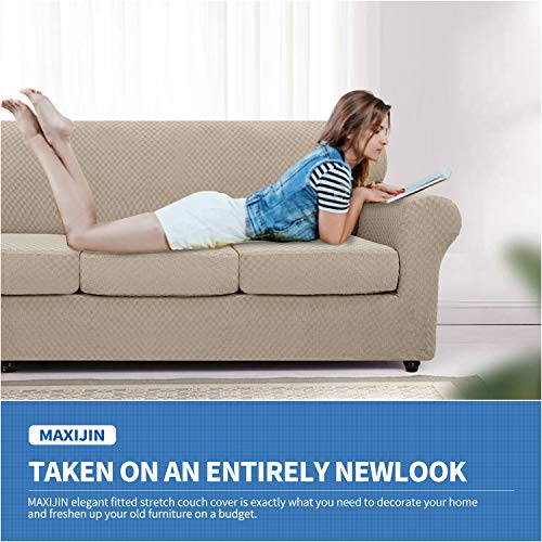 Maxijin 2 Piece Newest Jacquard Chair Covers With Arms Super Stretch Non Slip Chair Slipcover For Living Room Dogs Pet Friendly Elastic Sofa Couch Protector Armchair Cover (Chair, Khaki) #TOP2