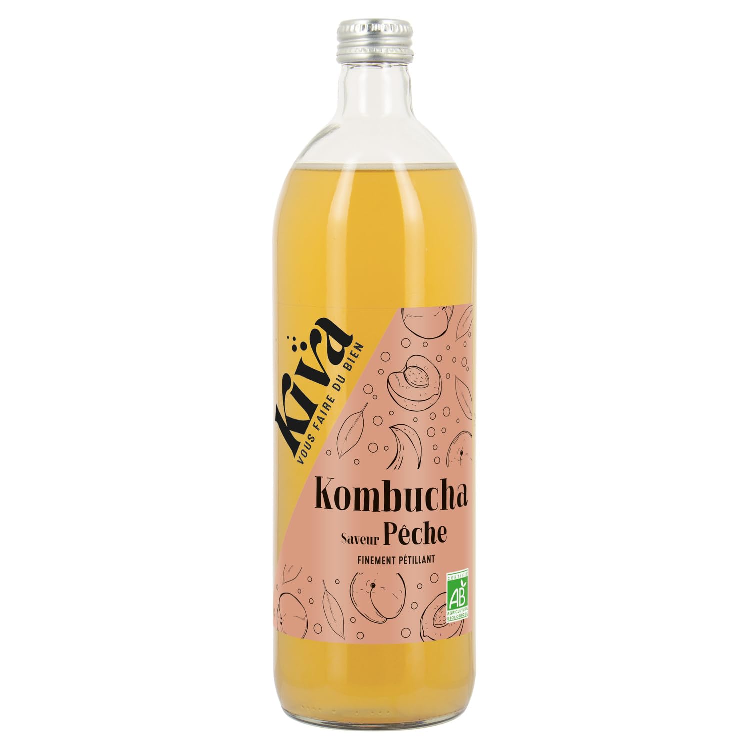 KIVA Kombucha Pêche Bio — Boisson Fermentée au Thé Noir Pu'er, Légèrement Pétillante, Bouteille Verre 75 cl - Lot de 3