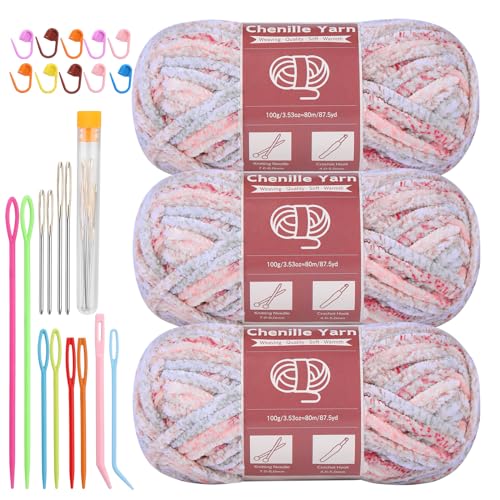 Image of LUNARM Chenille Yarn for Crochet Knitting Chunky Blanket Velvet Yarn | 3 Pack 3.5oz 263 Yard Pink Purple Green Gradient Yarn for Beginners Knitting Scarves with Big Eye Needles Machine Washable