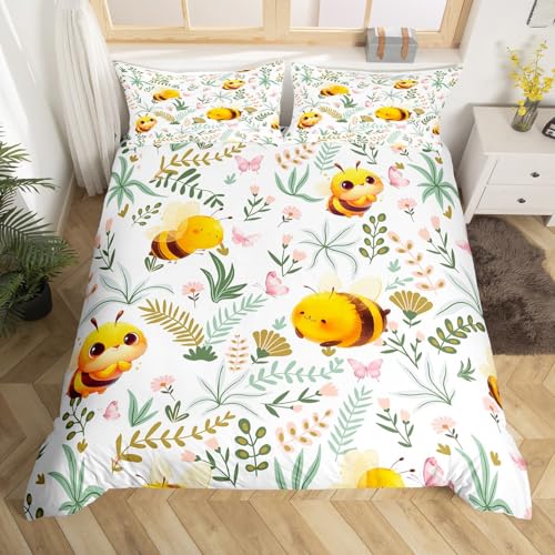 Cute Bee Duvet Cover Set Full Size,Cartoon Yellow Bee Kawaii Animal Comforter Cover with 2 Pillowcases,Boho Natural Leaves Plant Floral Breathable Bedspread for Boys Teens