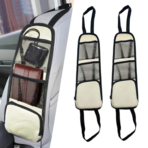 YUPIKJI 2PCS Car Seat Side Organizer, Seat Side Storage Pocket, Multifunctional Mesh Net Pocket, Car Multi-Pockets Backseat Organizer Side Hanging Bag for Storage Coins, Cell Phones (Beige, 2PCS)