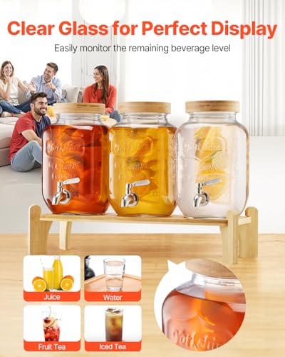 Image of VEVOR Beverage Dispenser, 3 Pack 1 Gallon Drink Dispensers for Parties, Glass Juice Dispenser with Wood Stand, Stainless Steel Spigot, Infuser, Iced Tea Lemonade Juice Water Dispensers for Parties