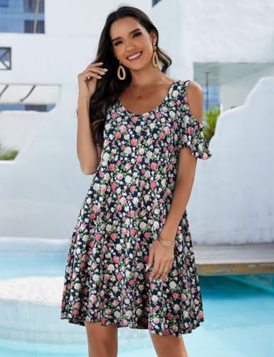 Image of JollieLovin Womens Plus Size Short Sleeve Cold Shoulder V Neck T-Shirt Dress with Pockets