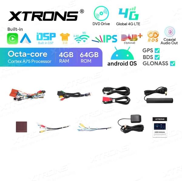 Image showing various cables and accessories included with the XTRONS IA72CX7M unit, such as power harnesses, USB cables, GPS antenna, and a user manual.