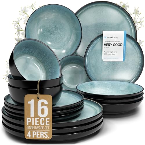 Image of Stoneware Dinnerware Set for 4, 16 Piece Plates and Bowls Set - Handmade Reactive Glaze, Chip & Scratch Resistant Sets - Dishwasher Microwave Safe, Modern Kitchen Dinner Service in Dark Petrol Blue