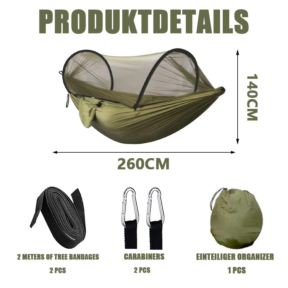 Hamaca con Mosquitera 260 x 140 cm - Camping, Exterior, Portátil, Acampada, Jardín - Capacidad de Carga de 300 kg