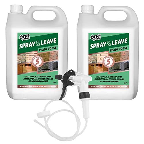 One Chem 2 x 5 Litre Ready To Use Spray and Leave with added Long Hose Trigger Spray - Fencing Patio Decking Driveway - Green Algae and Mould Killer