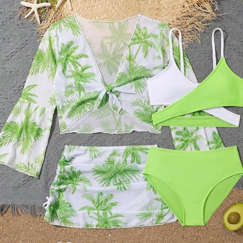 Girls 4 Piece Swimsuits Kids Color Block Crossover Bikini Sets with Printed Cover Ups Bathing Suit Swimming Beachwear2