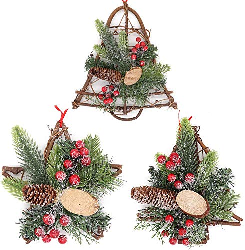 3X Guirnalda De Navidad De Ratán, Corona de Navidad Madera Nieve Cubierta con Cono de Pino Muérdago Bayas Rojas Adornos para la Árbol de Navidad Colgante de Puerta Pared Decoracion Cover