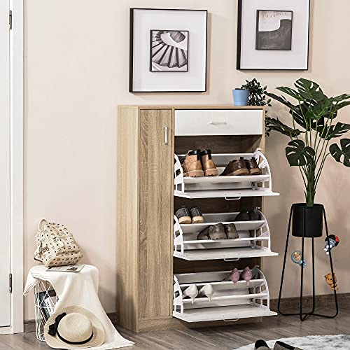 Miniatura 8 de Homcom Mueble Zapatero De 3 Puertas Para 18-27 Pares De Zapatos Zapatero Moderno Con Cajón Y Puerta Para Salón Entrada Dormitorio 84x30x132 Cm Natural