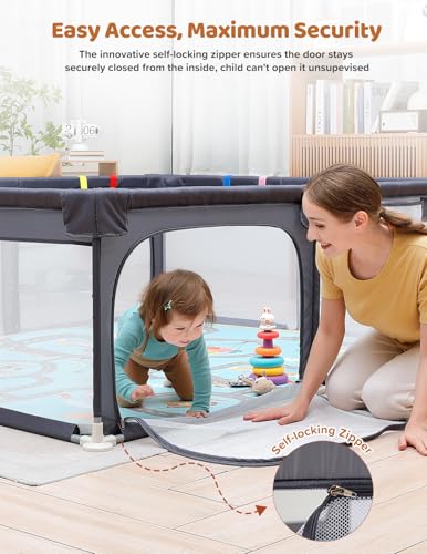 Image of Dripex Baby Playpen with Mat, 71 inchx47 inch Large Play Pen for Babies, Dark Grey | Included Waterproof Mat /Portable Bag / Pull up Rings, Breathable Visible Mesh, Easy Setup, Indoor /Outdoor Use