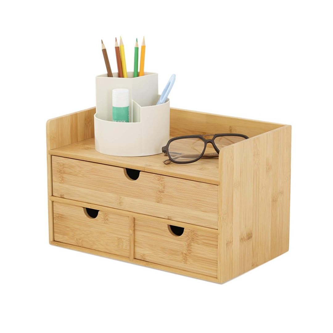 Bamboo and Wood Desk organizer,Storage drawers for Office,No Assembly Required,Desk organizer with drawers for Home,Bamboo organizer 3 Drawer,Table top drawers,Home Toiletries Supplies Vanity