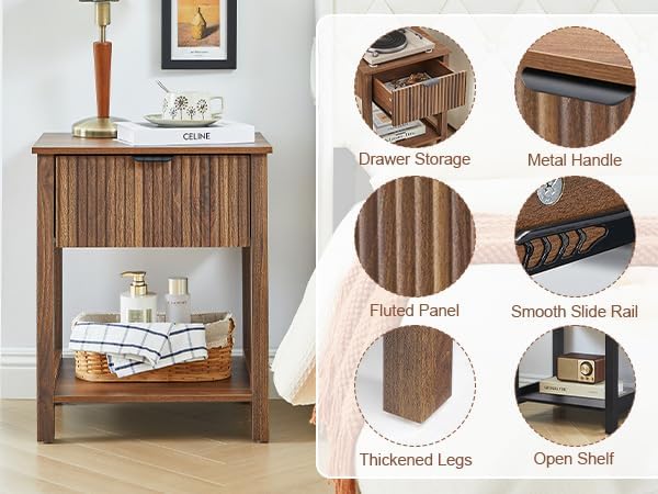 Miniatura 5 de Mesa auxiliar pequeña acanalada con almacenamiento, mesa auxiliar de cama moderna de mediados de siglo con cajón, mesita de noche pequeña para