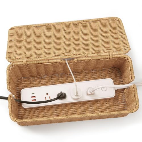 Image of ZhiYo Rattan Cable Management Box, Brown Cord Organizer, 13.5 inch x 6.2 inch x 6 inch | Handwoven imitation rattan cord hider box conceals power strips and cables for a clean desk or floor setup