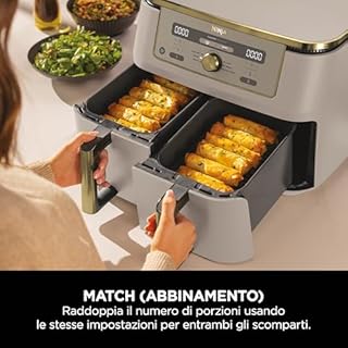 Ninja MAX Doppia Zona, Friggitrice ad aria digitale senza olio con doppio cestello, 6 in 1, 9,5 L, cestelli lavabili in lavastoviglie, antiaderenti, Pietra Oro, DZ400EUSTGD