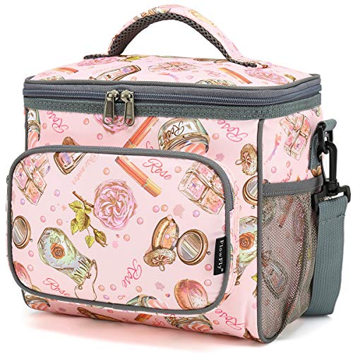 Flowfly Insulated Reusable Lunch Bag Adult Large Lunch Box For Women And Men With Adjustable Shoulder Strap Front Zipper Pocket And Dual Large Mesh Side Pockets, Rose #TOP7