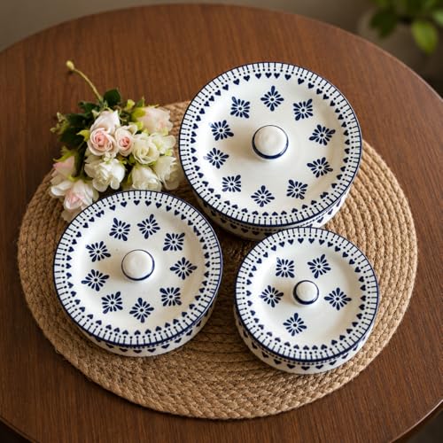 Image of Niyara Premium Handcrafted Ceramic Casserole /Donga Set with Lids - Ideal for Serving Hot Food - Microwave & Dishwasher Safe, Set of 3, Sizes: 1000ML, 650ML, 550ML (Blue Berry)