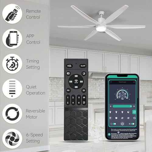 DWVO 66 inch Ceiling Fan with Lights, Smart Ceiling Fan with App & Remote Control, 3CCT Lighting, 6-Speed Reversible Quiet DC Motor for Living Room, Dining Room, Bedroom - White