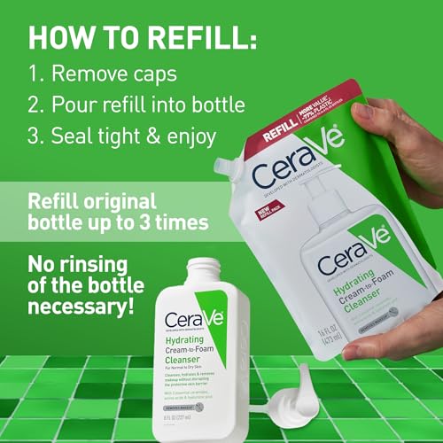 Image of CeraVe Hydrating Cream To Foam Cleanser, Makeup Remover Face Wash For Dry Skin, Foaming Facial Cleanser With Hyaluronic Acid, Normal To Dry Skin, Fragrance Free & Non Comedogenic, 16 Ounce Refill