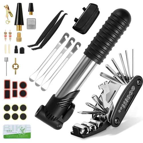 Ninonly 34Pcs Fahrrad Reparaturset Fahrrad Flickzeug Set mit 16-in-1 Fahrrad Multitool Fahrrad Reparaturset für Unterwegs Fahrradpumpe und Alles was Du Brauchst, für Mountainbike Rennrad Travel