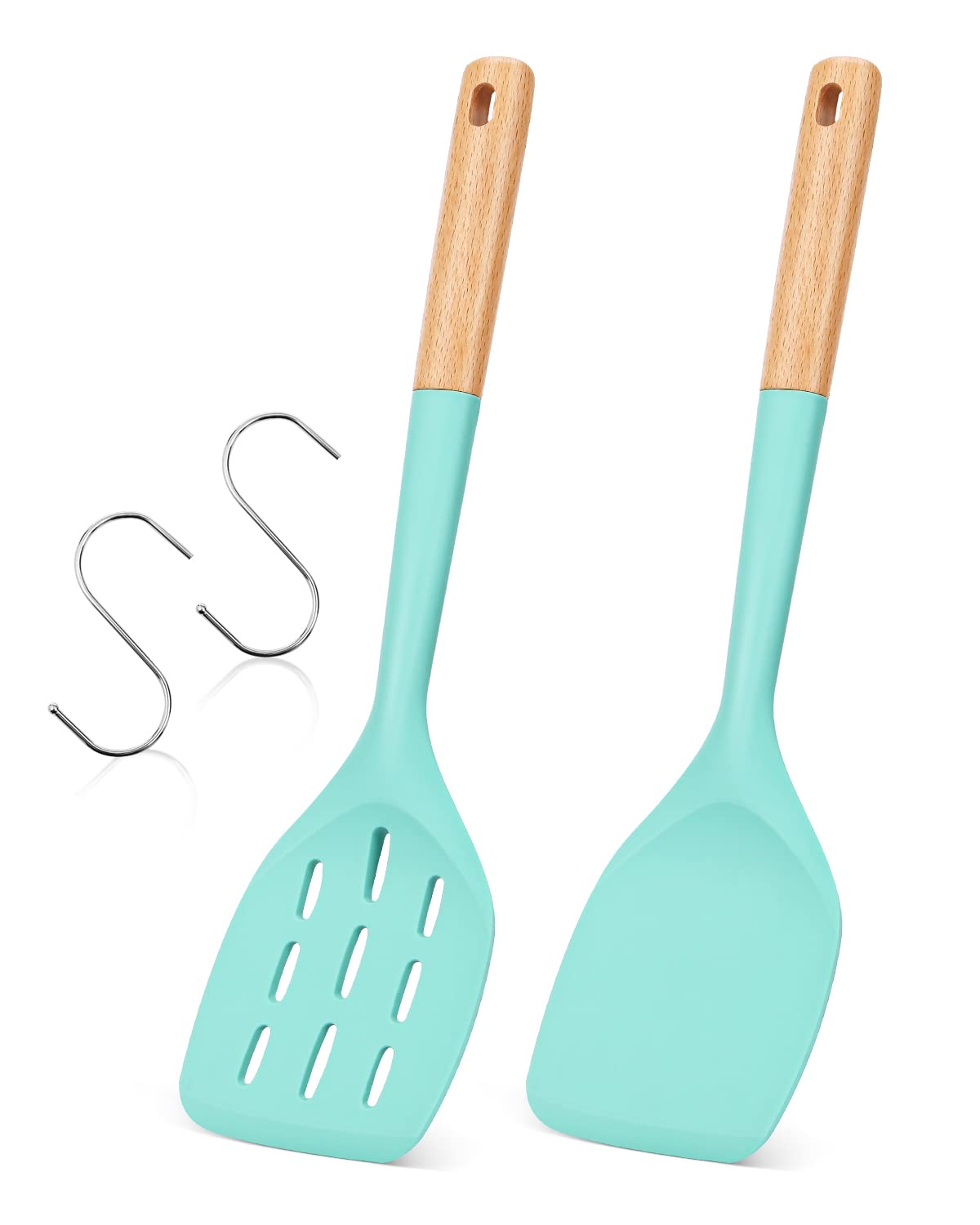 Badiano Pack of 2 Silicone Spatula, Non Stick Cooking Utensil Set Stainless Steel Handle Kitchen Turner for Baking Mixing Grilling Serving Food Heat Resistant Non Scratch Hooks Included (Green)